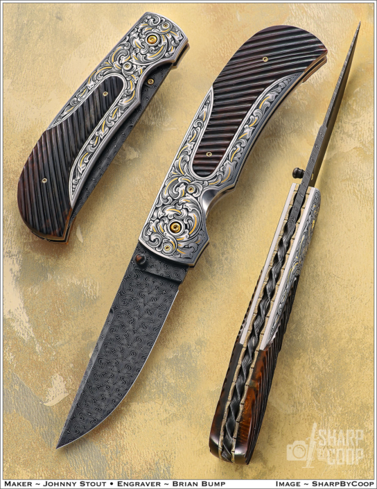 SOLD - The "Zenith". Fitted with a 3" Turkish Twist Damascus blade forged by Doug Ponzio, engraved 416 SS bolsters engraved by Brian Bump, and fluted mammoth ivory scales. Click on image for hi res picture.